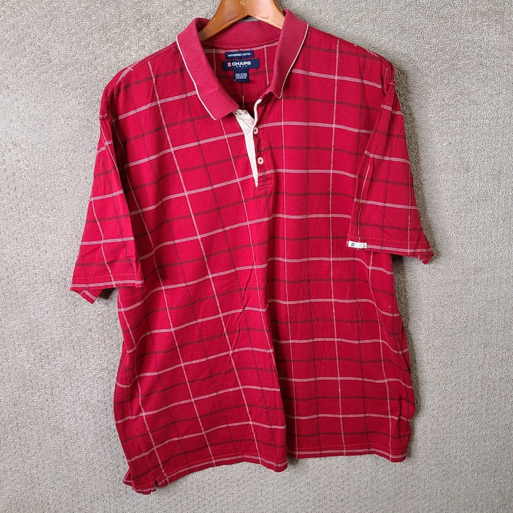 Chaps Shirt Mens XL Red Plaid Polo Short Sleeve Mercerized Cotton Casual Golf